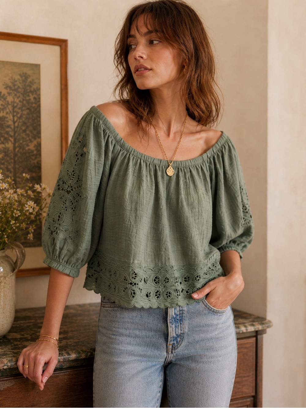 Off-Shoulder Olive Green Eyelet Peasant Top (100% cotton). NWOT